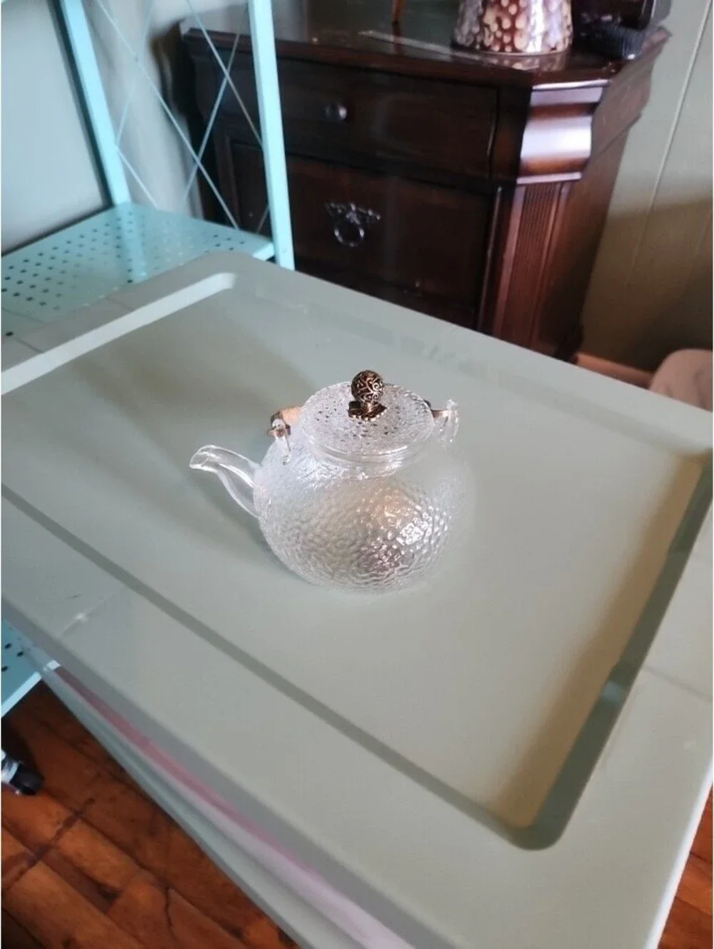 900ml Japanese Hammered Glass Teapot Tin Copper Plum Blossom Decoration